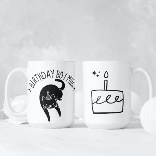 White birthday boy mug set with black cat wearing a party hat and a birthday cake illustration