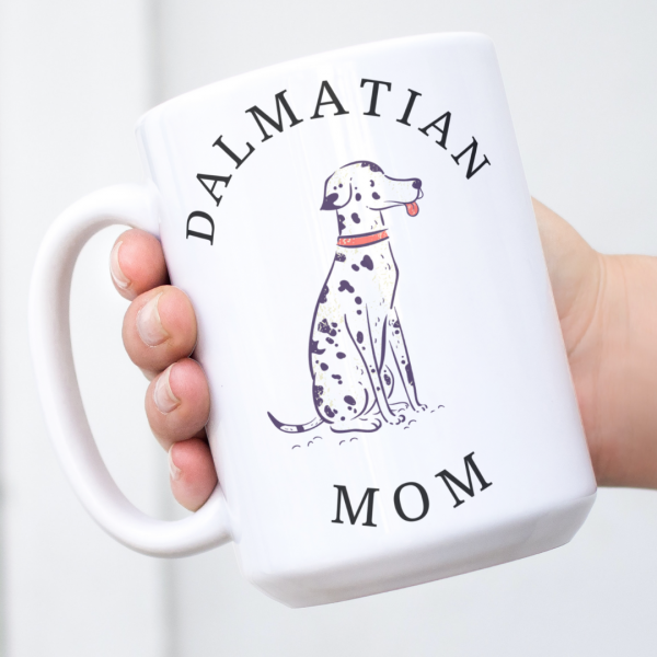 White mug with Dalmatian illustration and Dalmatian Mom text in bold black font