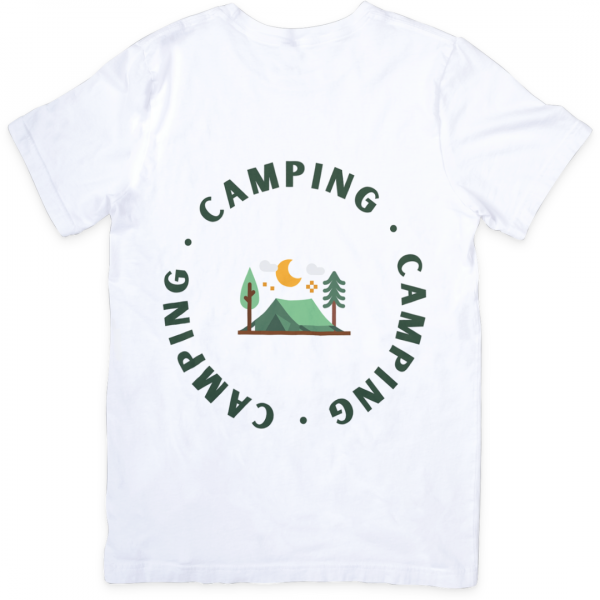 White t-shirt with camping design featuring a tent, trees, moon, and circular Camping text