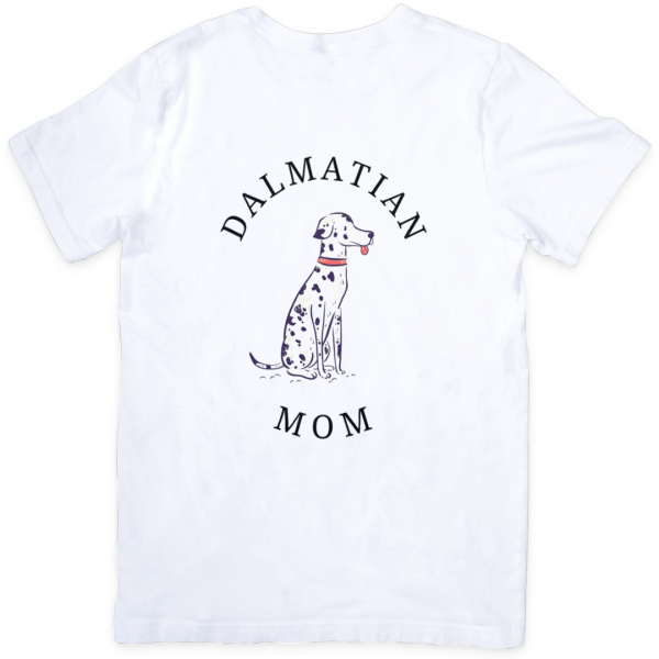 White t-shirt with Dalmatian illustration and Dalmatian Mom text in black font