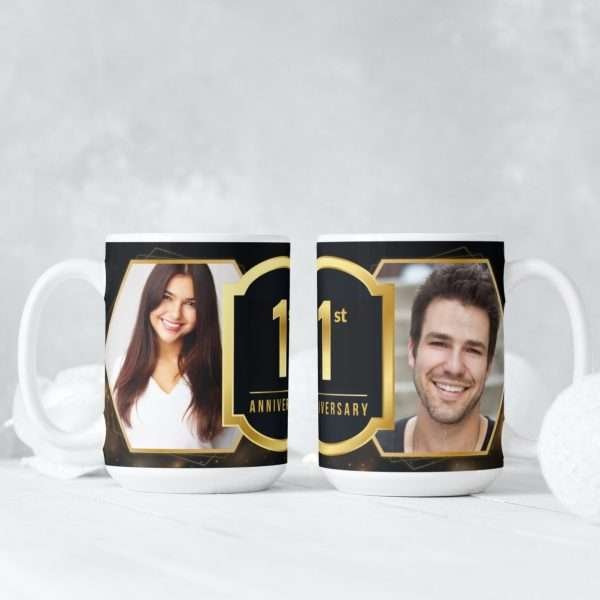 Personalised 1st anniversary photo mugs with couple’s images and gold number 1 design