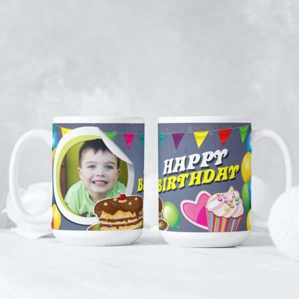 Personalised birthday photo mug with colourful cupcake and banner design featuring a child’s portrait