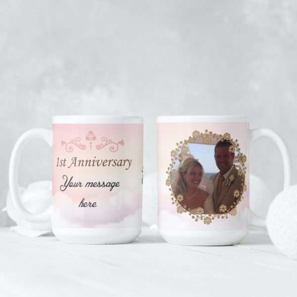 Pink and white 1st Anniversary mug with customisable gold-framed photo and message