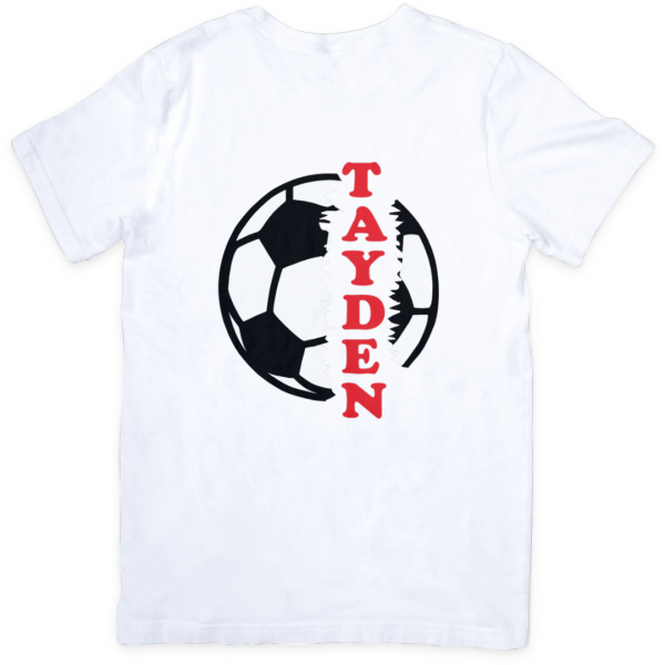 White t-shirt with football design and personalised name Tayden in red text