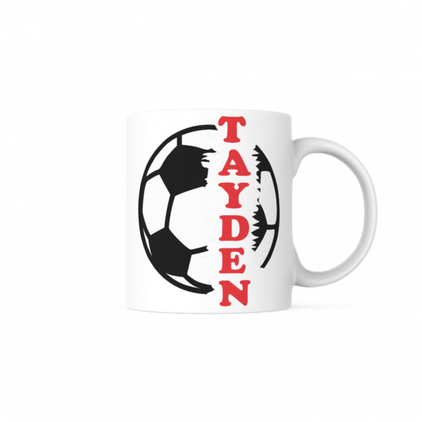 White mug with football design and personalised name Tayden in red text