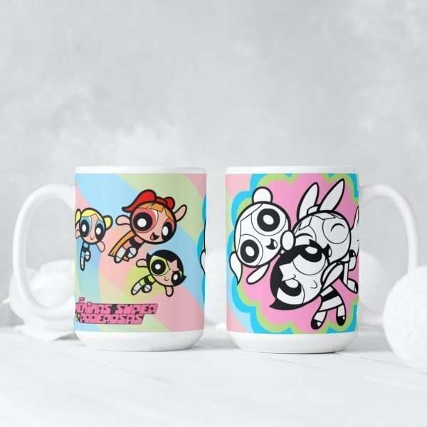 Powerpuff Girls mug featuring Blossom, Bubbles, and Buttercup with colourful and black-and-white designs